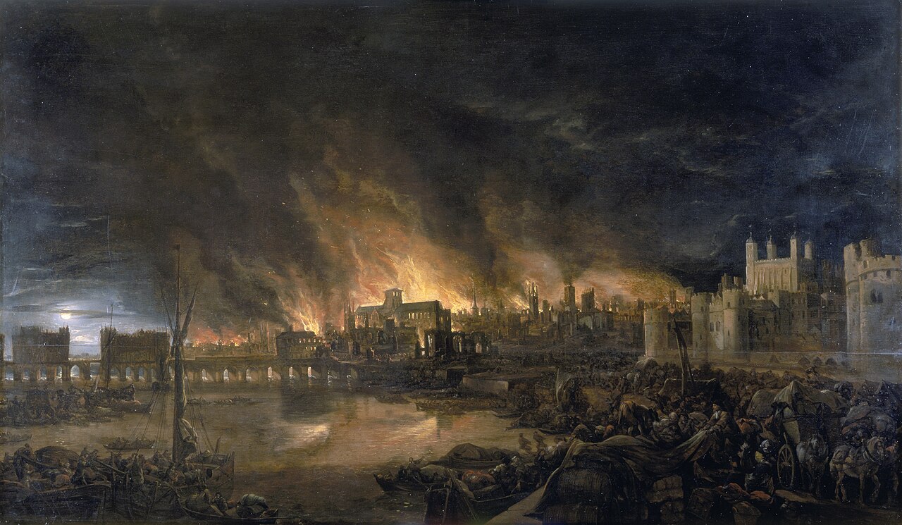 Zeitgenössisches Ölgemälde eines unbekannten Künstlers um 1675, das den Großen Brand von London 1666 mit brennender City und Themse-Booten zeigt