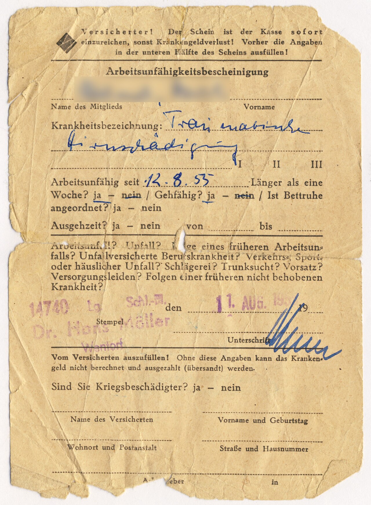 Historische Arbeitsunfähigkeitsbescheinigung aus dem Jahr 1955, ausgestellt in Wentorf bei Hamburg.